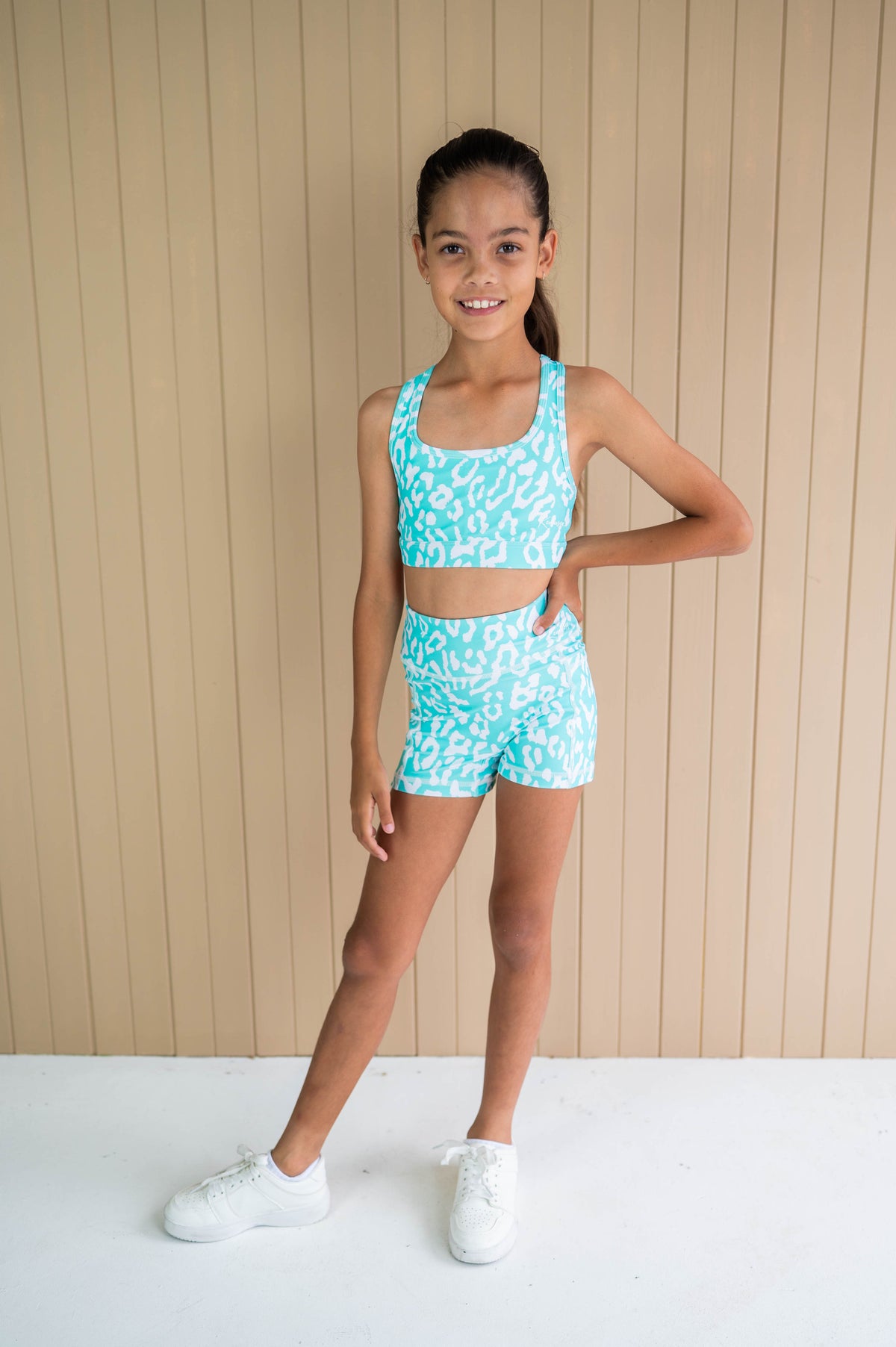 Active Bike Shorts - Pockets (Youth) - Mint Green Leopard