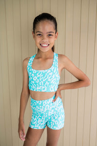 Active Bike Shorts - Pockets (Youth) - Mint Green Leopard