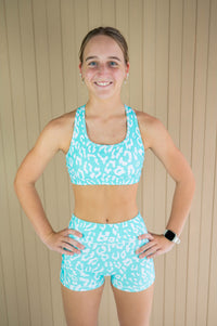 Active Bike Shorts - Pockets (Youth) - Mint Green Leopard