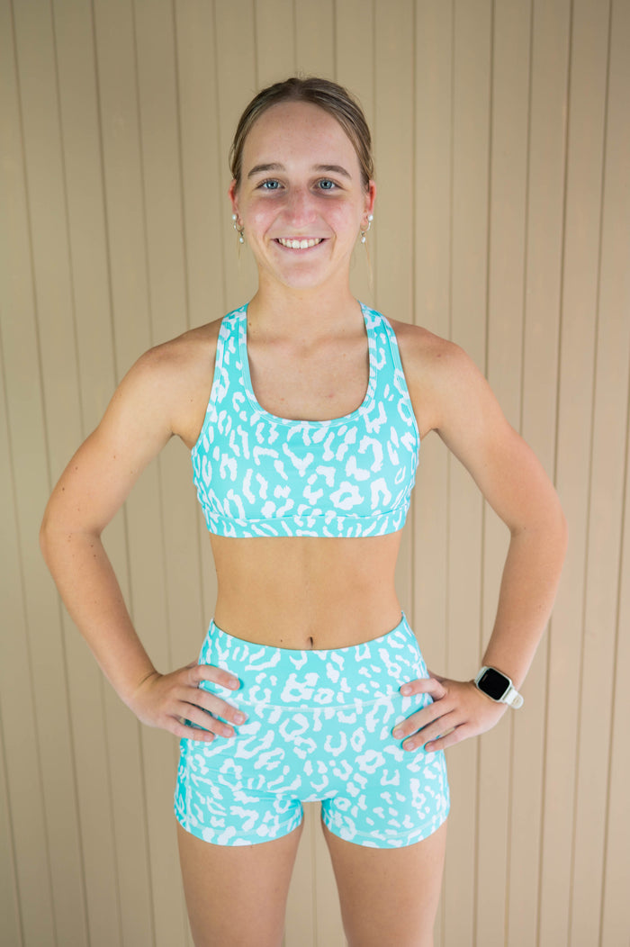 Active Bike Shorts - Pockets (Youth) - Mint Green Leopard